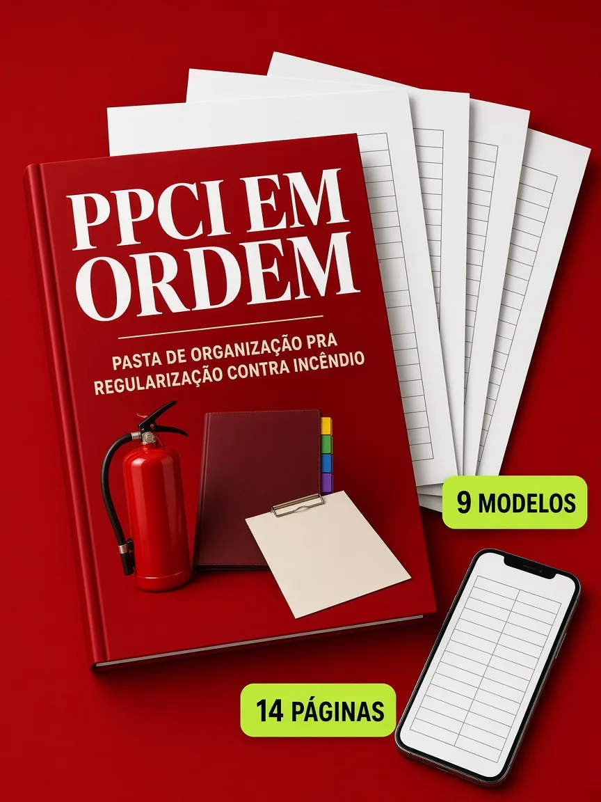Montagem ilustrativa do PPCI em Ordem: livro com a capa, páginas do material e celular