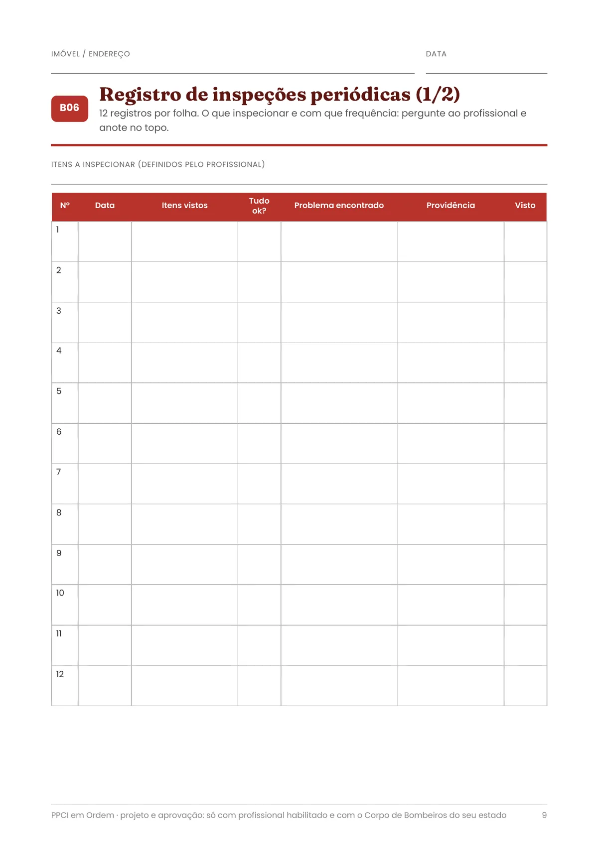 Página real do PDF PPCI em Ordem: registro de inspeções